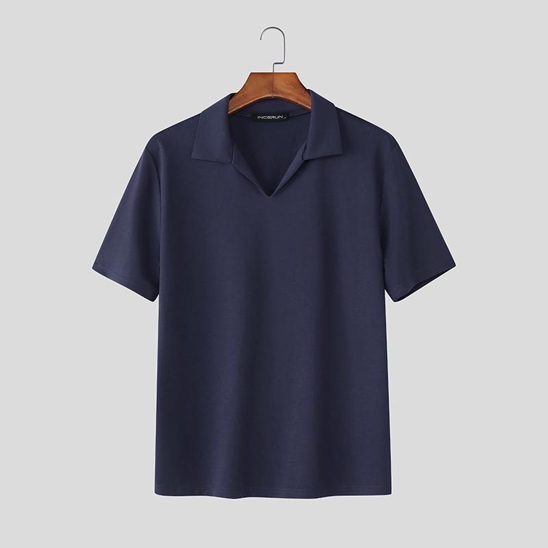 INCERUN Мужские футболки с лацканами, коротким рукавом, однотонные, повседневные, приталенные