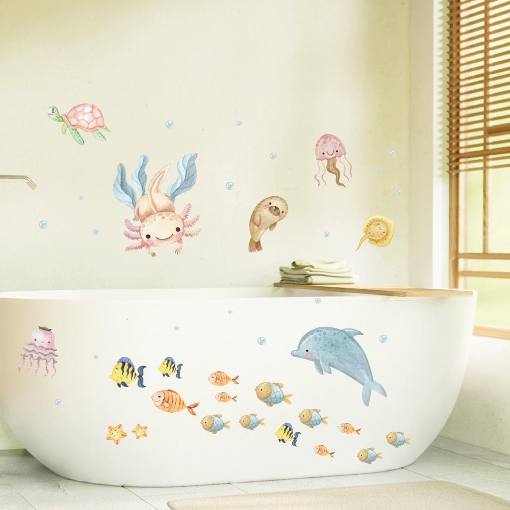 Синее море Рыба Пузырь Подводный мир Подводное животное Наклейка на стену Для детской комнаты Ванная комната Домашнее украшение фрески