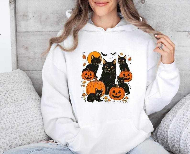 Autumn/Winter, Halloween Black Cat, Printed Long Sleeve Top Trendy Fashion Women'S Hooded Sweater