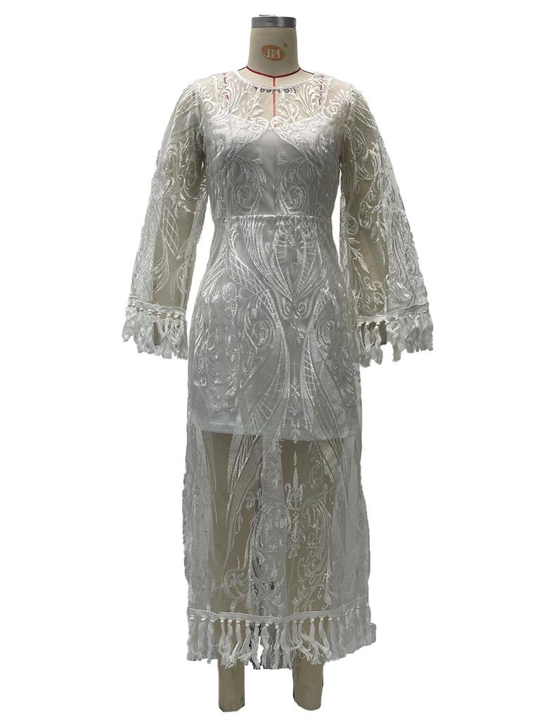 Весна 2025 Европейское и американское женское вышитое белое вечернее платье с кружевом и кисточками