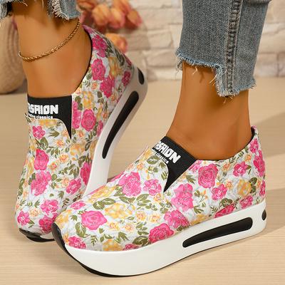 Модные женские кроссовки на платформе с цветочным принтом, увеличивающие рост, со скрытой танкеткой, повседневная обувь, женские кроссовки на толстой подошве, слипоны