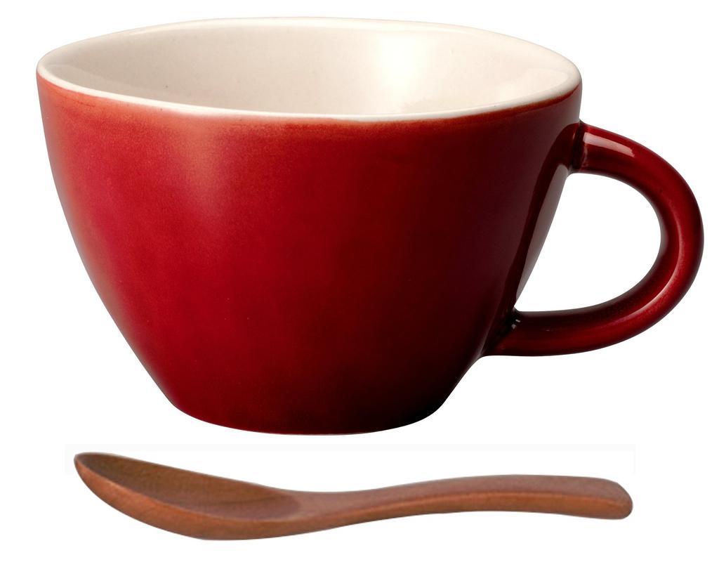 Kinto Hokkuri Soup Cup Red with Spoon Microwave and Dishwasher Safe Gift Present 34315
