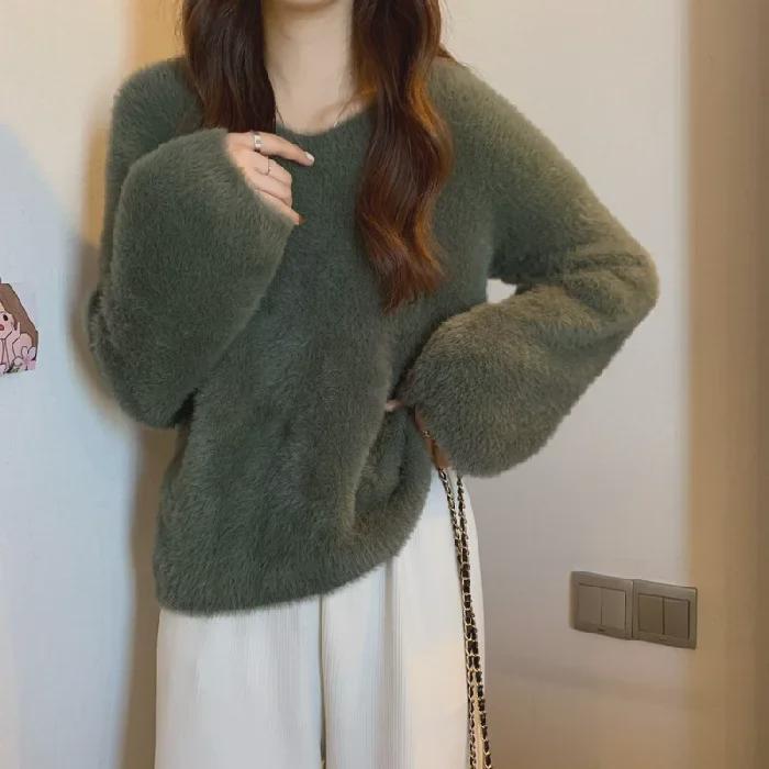 Women's Winter V-Neck Soft Knit Sweater - Gentle Style, Loose Mink Fur
