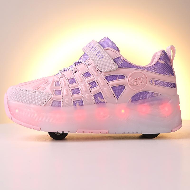 Четырехколесные роликовые коньки, детская спортивная обувь с выдвижными автоматическими колесами, зарядка через USB, светодиодная спортивная обувь