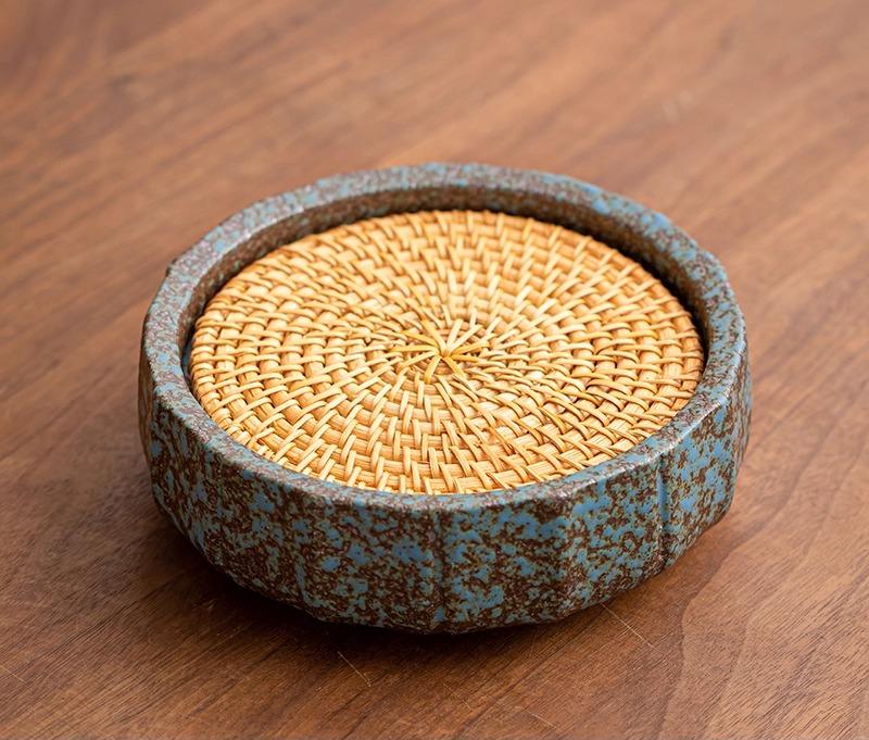 Горшок для хранения воды с ротанговой подставкой, горшок для выращивания, японский столик для сухой заварки, однослойный маленький чайный поднос, толстостенная керамическая крышка, чаша