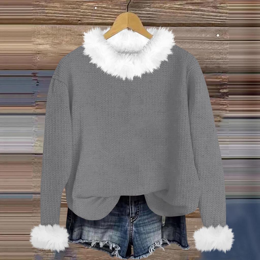 Свитшоты для женщин Вязаный свитер Милая рубашка Осенний круглый вырез Пуловер с меховым воротником Топы