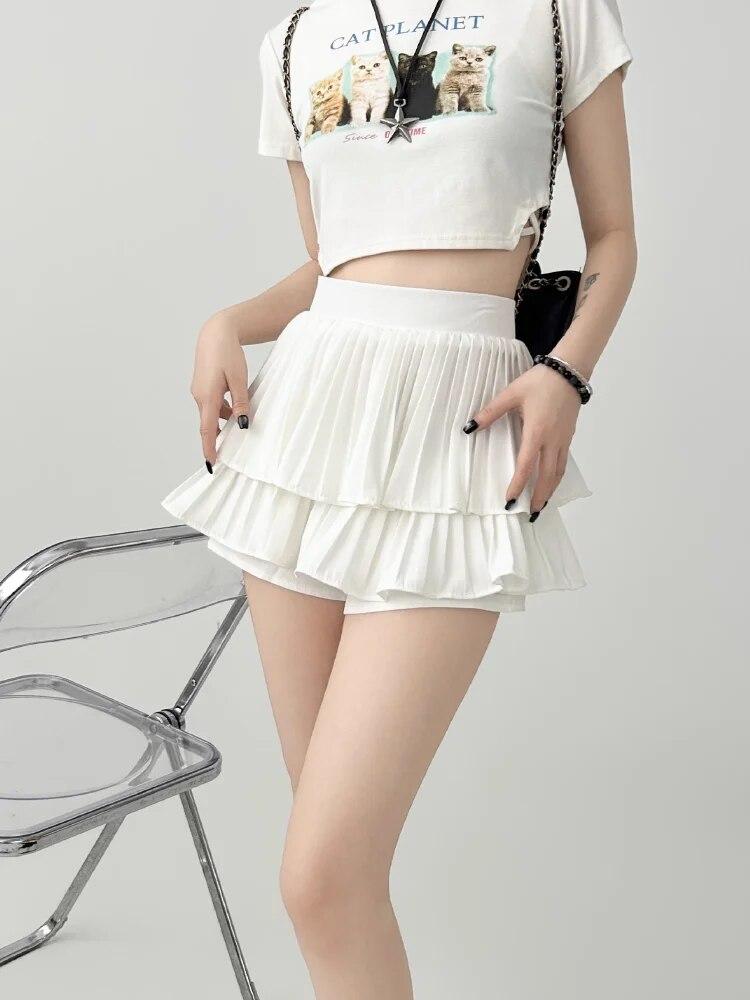 Kawaii Mini Skirt Women High Waist Ruffled Pleated Tulle Cake Slim Skirt Shorts Female Korean White Lolita Skirt Large Size