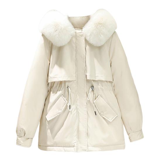 Зимняя женская куртка с меховым капюшоном, длинными рукавами, утепленным шнурком на талии, карманами, хлопковым пальто, застежкой-молнией, средней длины, однотонное ветрозащитное теплое пальто