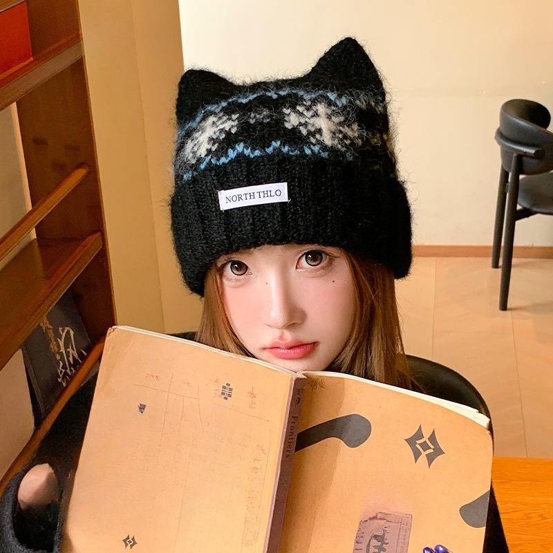 2026 autumn and winter new Fair Island wind cat ear wool hat, fleece warm cold hat, big head circumference and small knitted hat