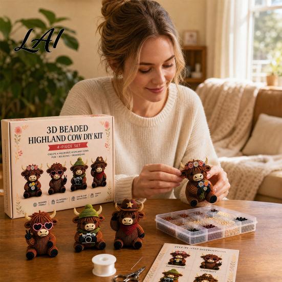 Bead Art Project 3D Beaded Highland Cow Kit for Adults Tiny Animals