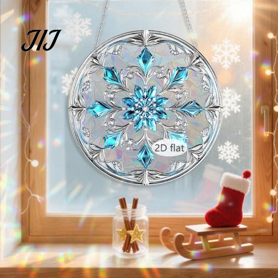 Lightweight Christmas Wall Ornaments 2D Acrylic Hanging Ornaments, Stained Glass Style Snowman Santa Snowflake Holiday Window Decorations for