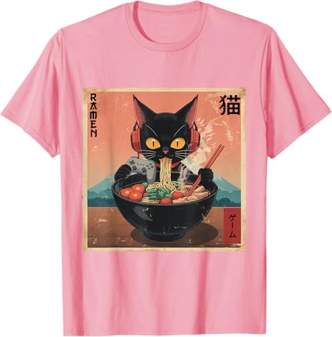 Cute Kawaii Gamer Cat Funny RaUnisex Retro Japanese Cat Gaming TShirt Y2k Kitty Controller Cartoon Graphic Tees Kitten Eat Noodles