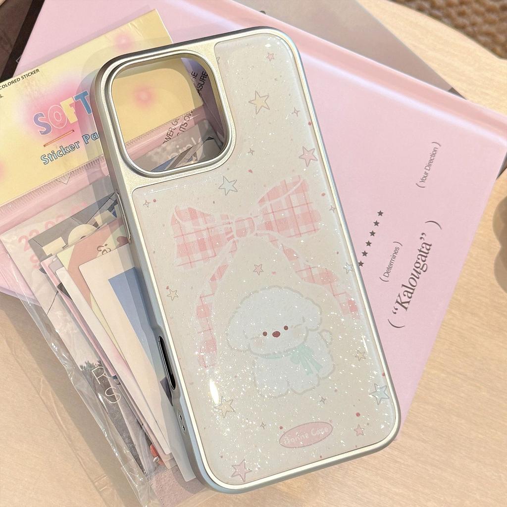 Чехол в стиле Instagram с бантом для щенка для IPhone 17, 16 Pro Max, IPhone 15, Блестки из эпоксидной смолы, Жесткий Huawei 17 мм