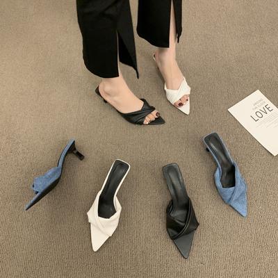 Заостренные шлепанцы-сабо деним синего цвета с открытым носком на шпильке, босоножки с бантом из одного слова