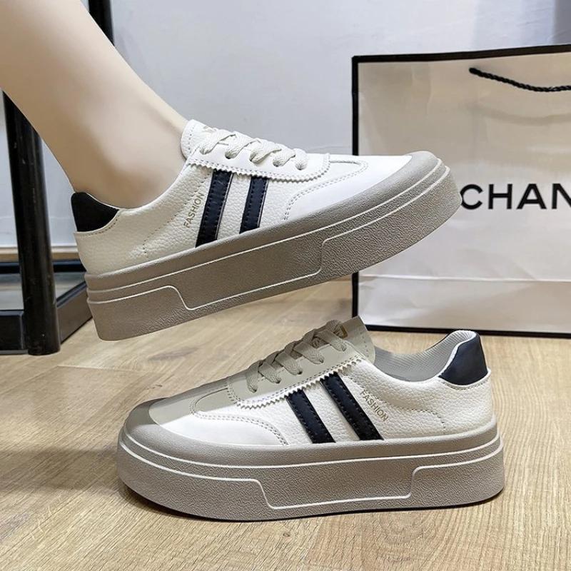 Кроссовки женские на толстой подошве из кожи со шнуровкой на плоской подошве с круглым носком для женщин, однотонные туфли из вулканизированной кожи на плоской платформе