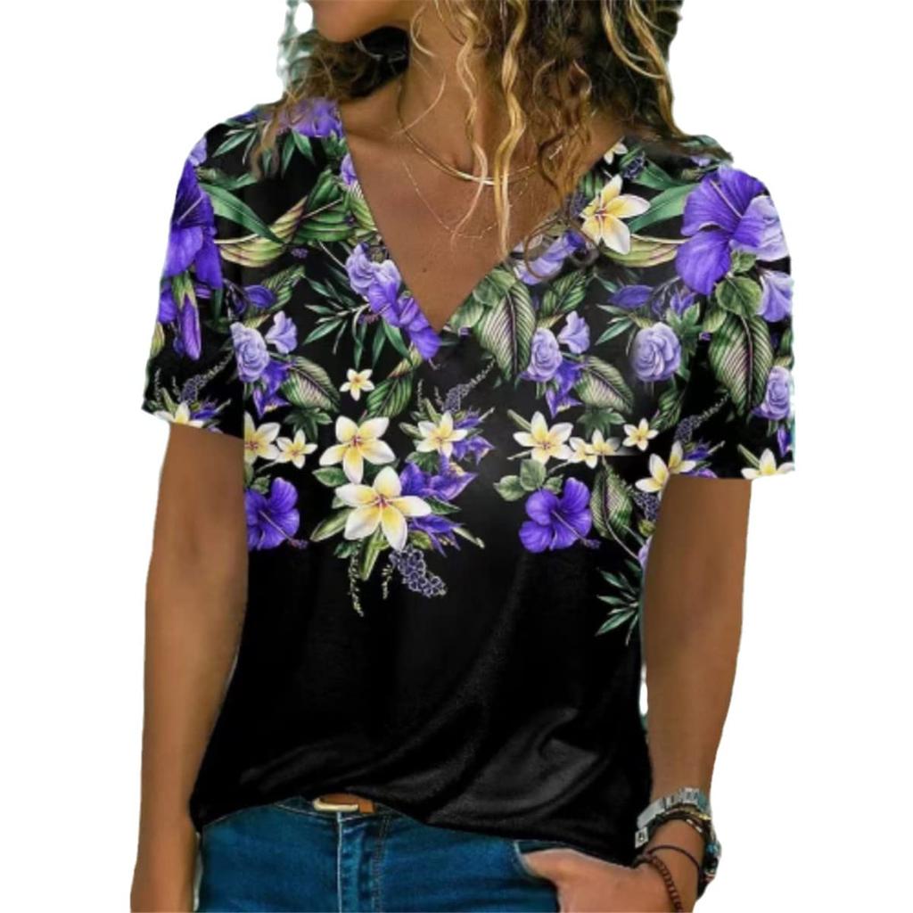 Летняя новая женская футболка с 3D-цветочным принтом, V-образным вырезом, коротким рукавом, модная свободная женская футболка, женская футболка 2000 года