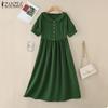 ZANZEA Womens Doll Collar Short Sleeve Casual Long Dress