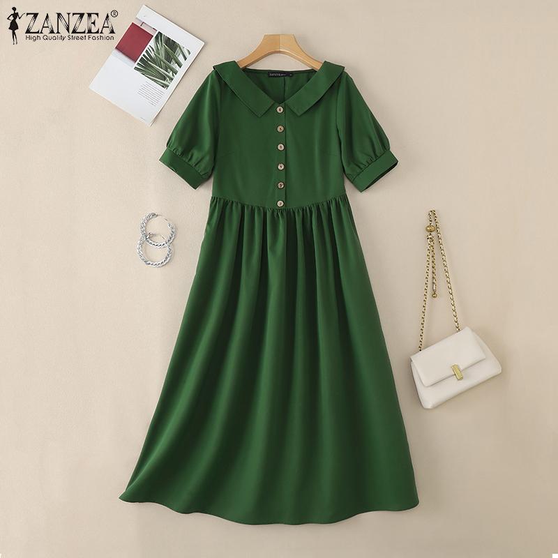 ZANZEA Womens Doll Collar Short Sleeve Casual Long Dress