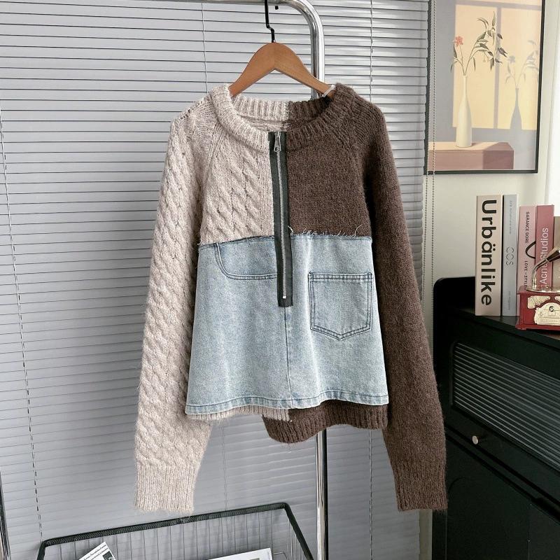 DIMANAF 2025 Осенняя куртка Женские свитера Пальто Лоскутное ватное пальто Вязание Карманы Свитер