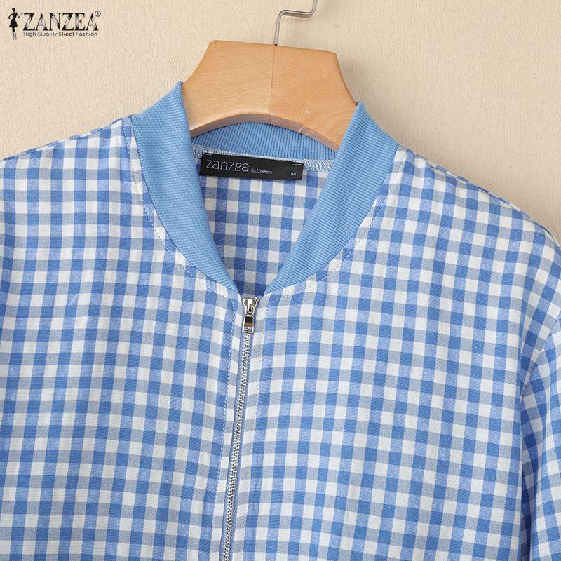 ZANZEA Женская повседневная блузка с круглым вырезом, длинным рукавом, клетчатым принтом и застежкой-молнией