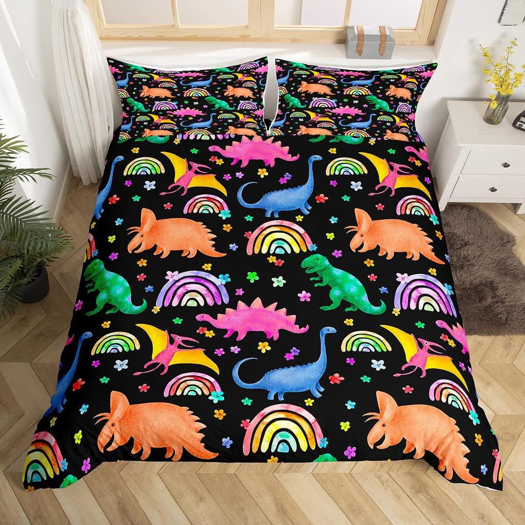 Kawaii Dinosaur Duvet Cover Set Cartoon Animal Theme Bedding Set For Kids Teenagers Bedroom Decor Double Queen King Quilt Cover