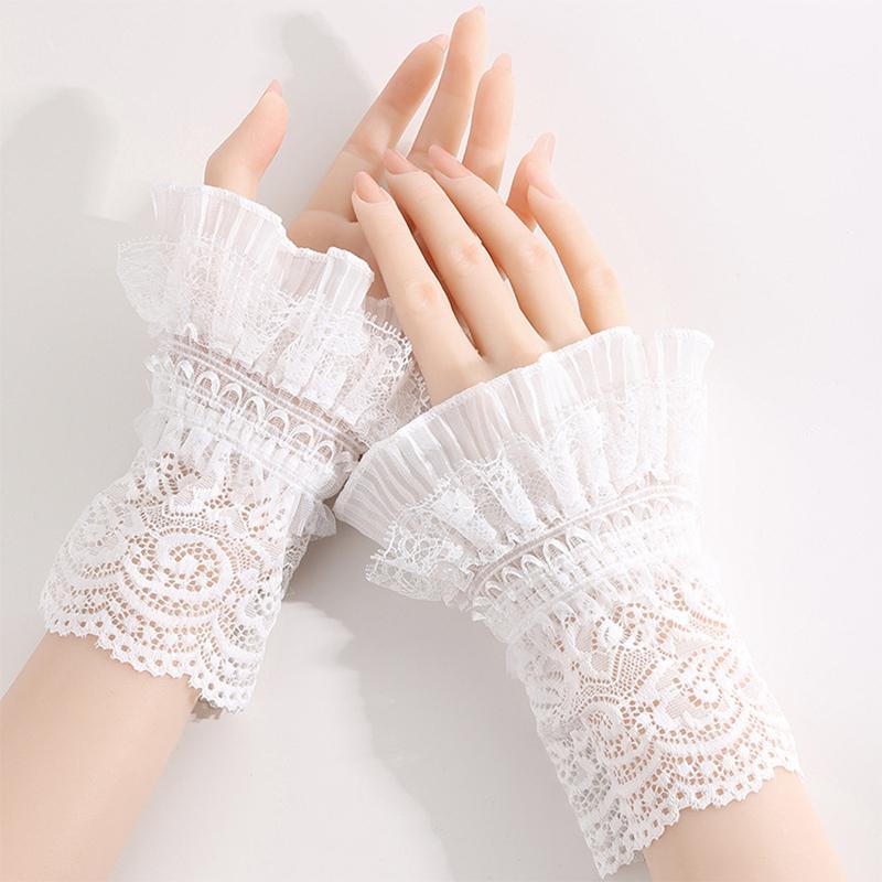 Girls Elastic Fingerless Arm Warm Gloves Double-layer Floral Lace Knitted Fake Sleeves Lolita Cuffs Decorative Accessory