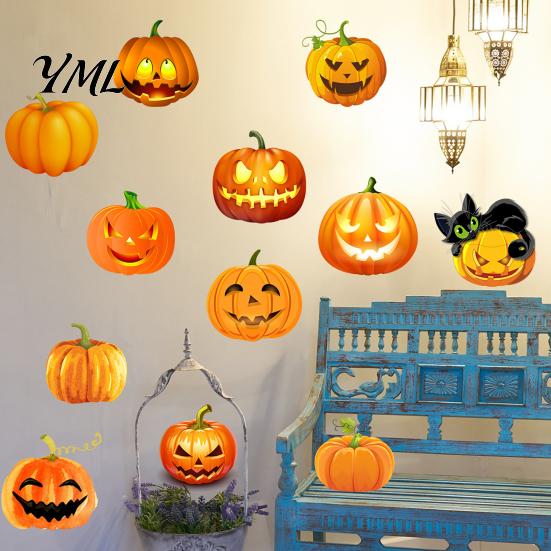 Non Scary Halloween Home Decor 3 Sheets Ghost Face Pumpkin Wall Sticker, Cute Black Cat Removable Stickers for Kids Decorative Decals, Waterproof PVC