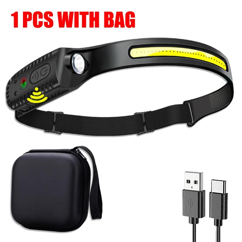 Светодиодный налобный фонарь с датчиком COB, USB-перезаряжаемый фонарь со встроенным аккумулятором, 5 режимов освещения, Налобный фонарь, Наружный, Аварийный, Рабочий фонарь