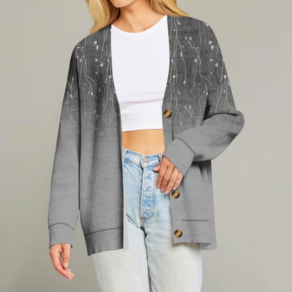 Women's Fashion Long Sleeve Print V-Neck Button Loose Cardigan Top