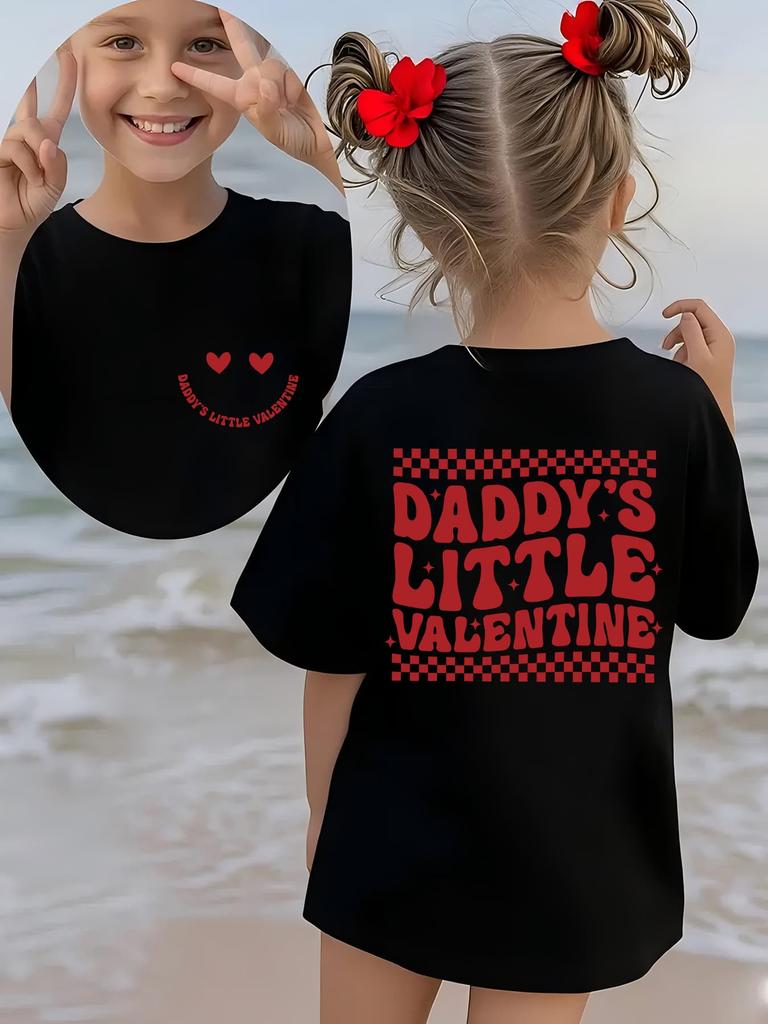 Европейские размеры Девочки Летняя Мода Футболка с коротким рукавом DADDYS LITTLE VALENTINE Клетчатый и Сердечно-глазый Мультяшный Принт Повседневная С круглым вырезом