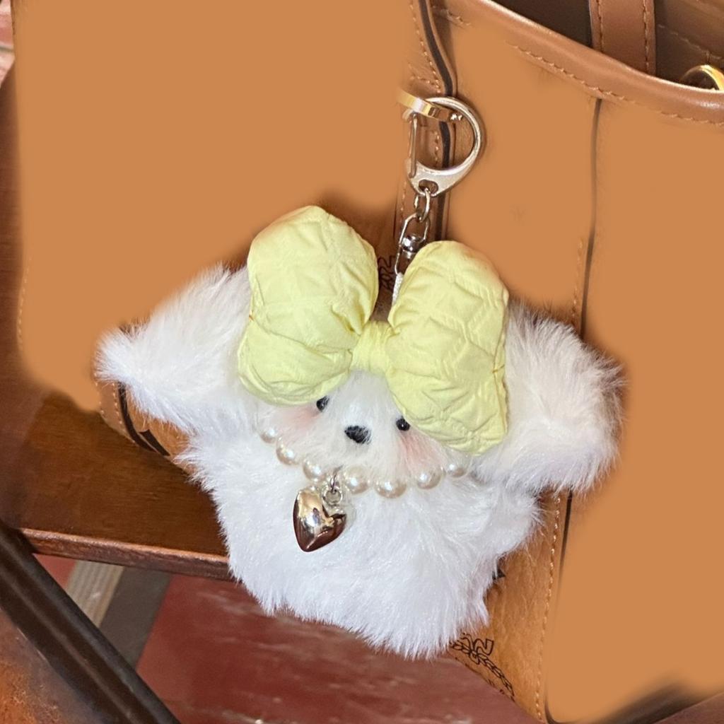 Cartoon Plush Dog Charm Keychain Sweet Cute Bowknot Pendant Car Keyring Backpack Decoration Fashion Jewelry for Women