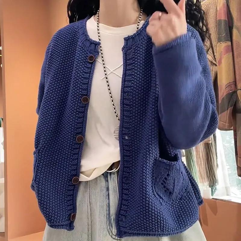 Женский весенний вязаный кардиган с круглым вырезом и длинными рукавами, однотонный свободный топ