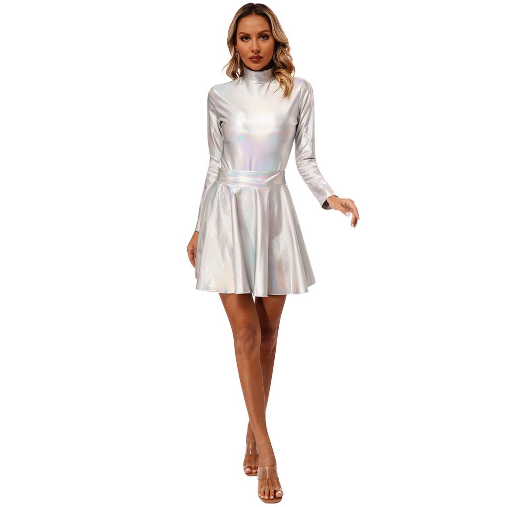Женские рейв-наряды с блестящим металлическим купальником с длинными рукавами и расклешенной юбкой для музыкальной вечеринки в клубе