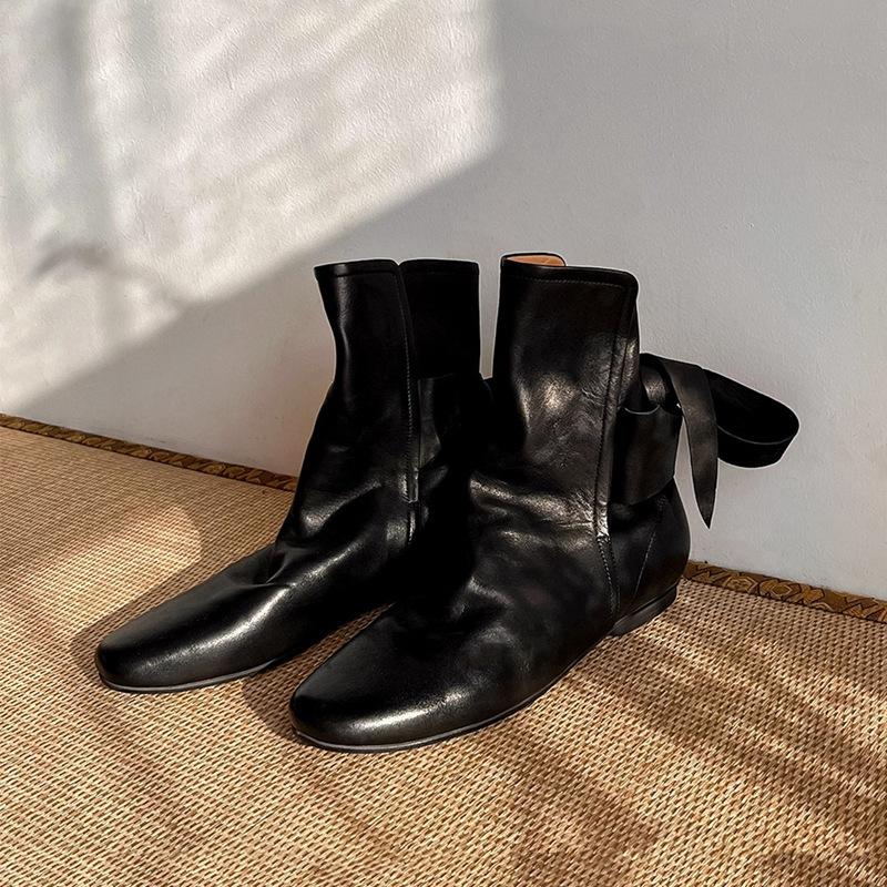 Кожаная ниша полированные ботинки Мартин женские осенне-зимние ботильоны Челси бант на плоской подошве плиссированные ботинки на наборном каблуке