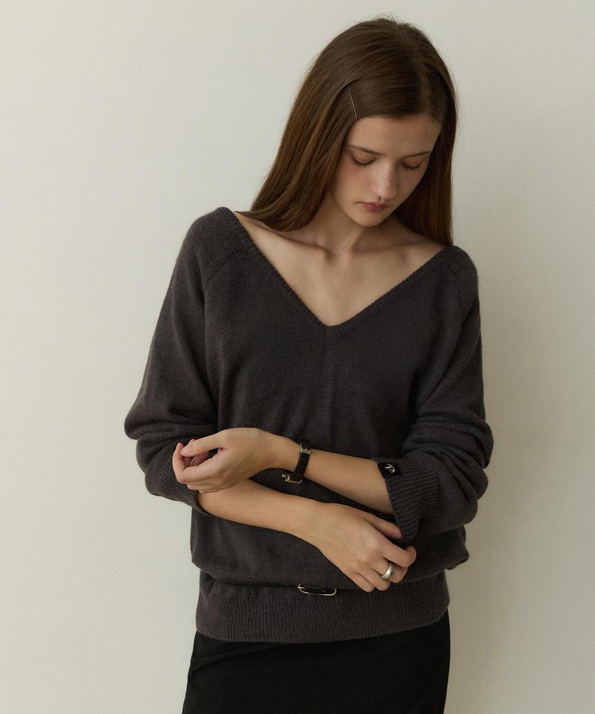 ADAUL Sensual Loose Fit Reglan V Neck Knit - Charcoal