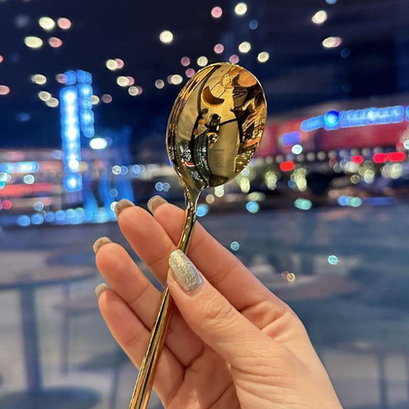 Stainless Steel Big Head Round Spoon Net Red Golden Dinner Long Handle Stirring Dessert Spoons For Kitchen Accessories Gadgets4