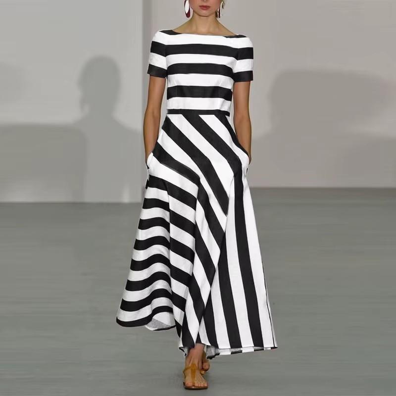 Casual Striped Long Dress With Elastic Polyester Fabric For Spring Daily Wear