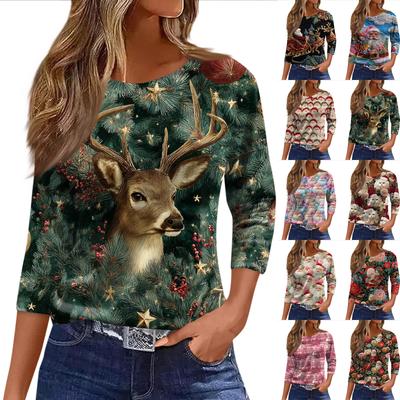 Женская Мода Повседневный Рукав Три Четверти Рождественский Принт Горловина Топ
