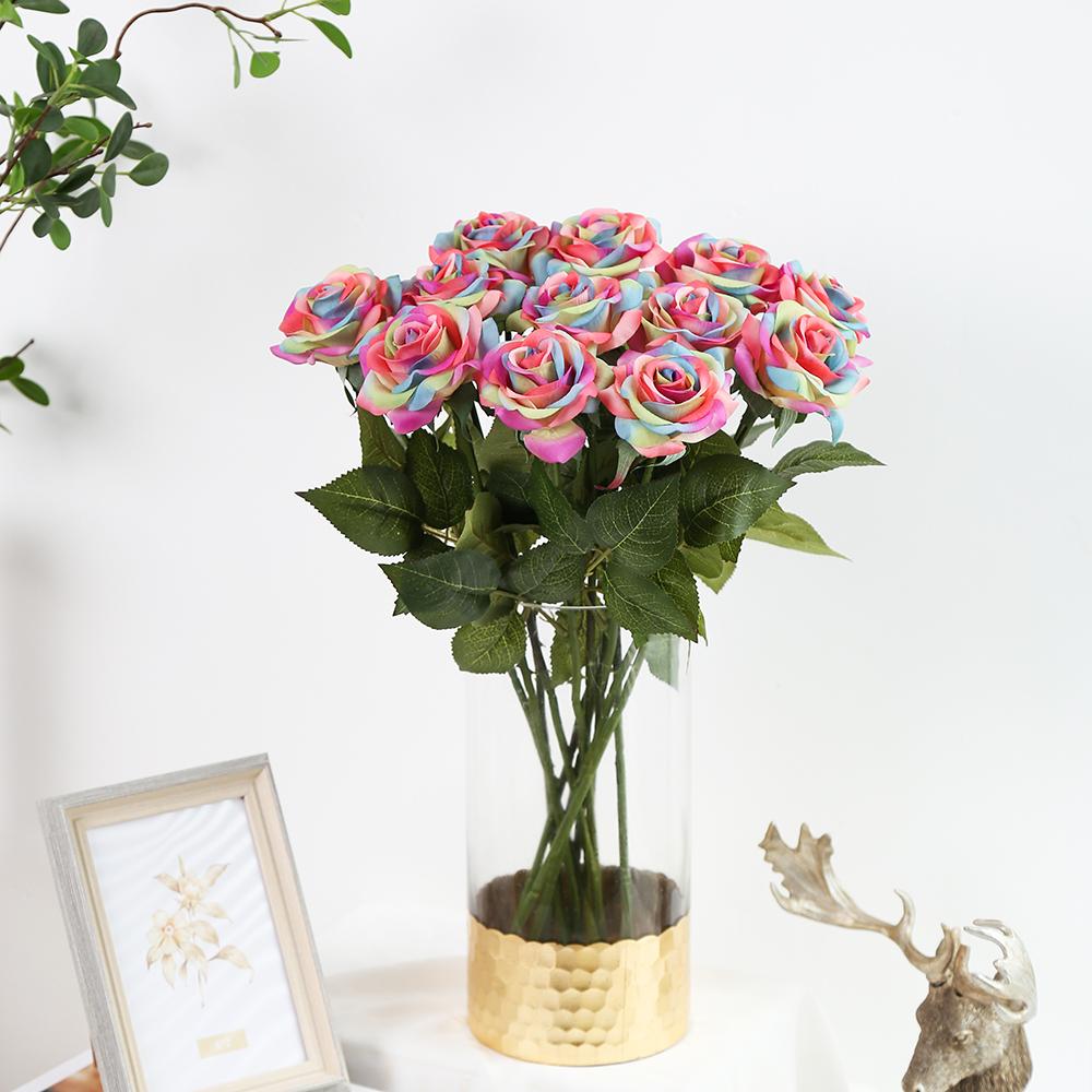 12 шт., искусственные розы ко Дню святого Валентина, радужная роза, настоящие радужные шелковые розы, искусственные розы для букетов, свадеб, вечеринок, детского душа, домашнего декора