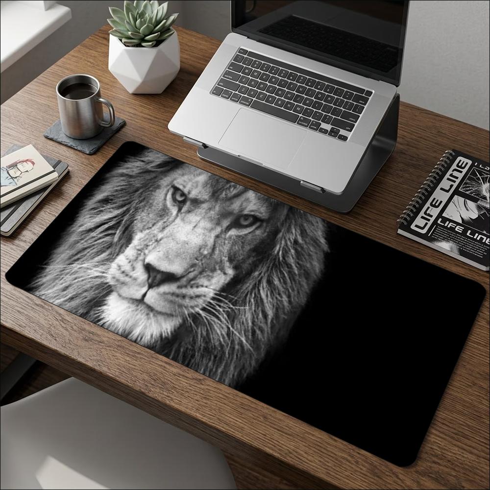 Desk Mat Majestic Black White Lion Beast Print Stitched Edge AntiSlip Rubber Mouse Pad For Gaming Working Home Laptop Computer