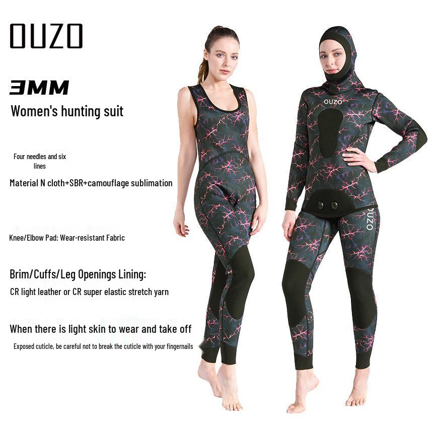 Женский гидрокостюм 3 мм с капюшоном для подводной охоты и дайвинга - Двухсекционный для теплого зимнего плавания, серфинга и рыбалки.