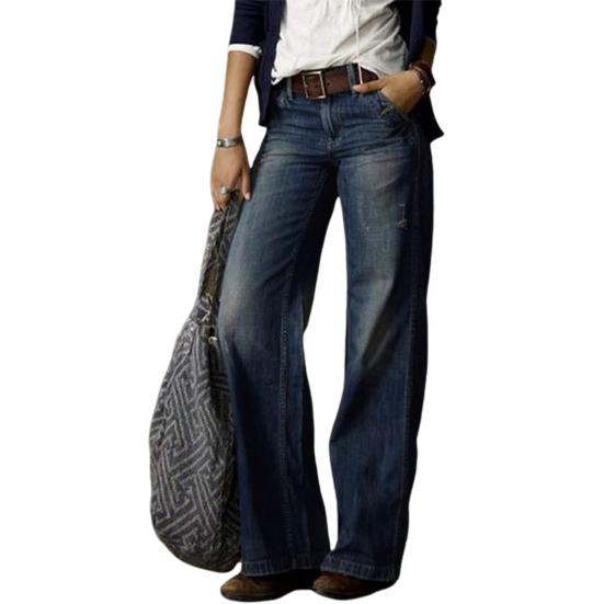 Women Jeans Retro Straight Distressed Solid Color Multi Pockets Mid Waist Button Zipper Closure Streetwear Full Length Long Trousers