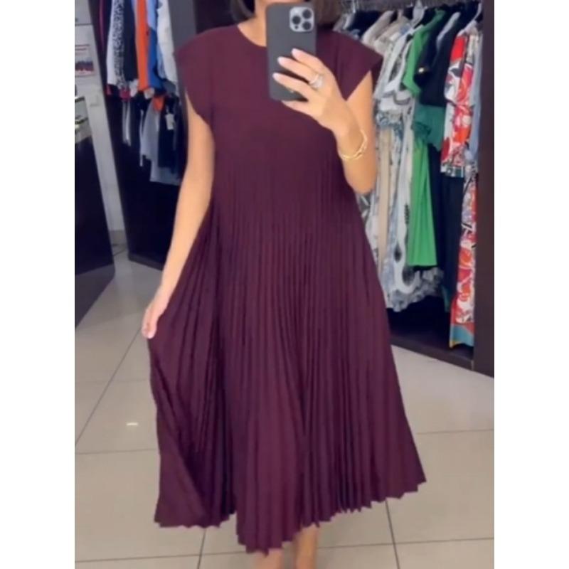 Элегантное женское плиссированное летнее платье, новое повседневное повседневное платье с коротким рукавом и круглым вырезом, свободное свободное вечернее платье больших размеров, женская мода, длинные платья 868