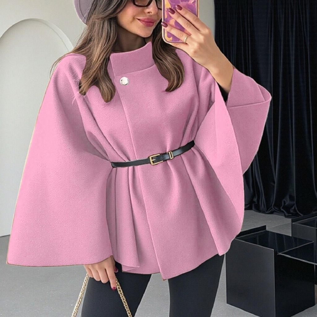 Women's Fashion Solid Waist Tie Woolen Cape Coat