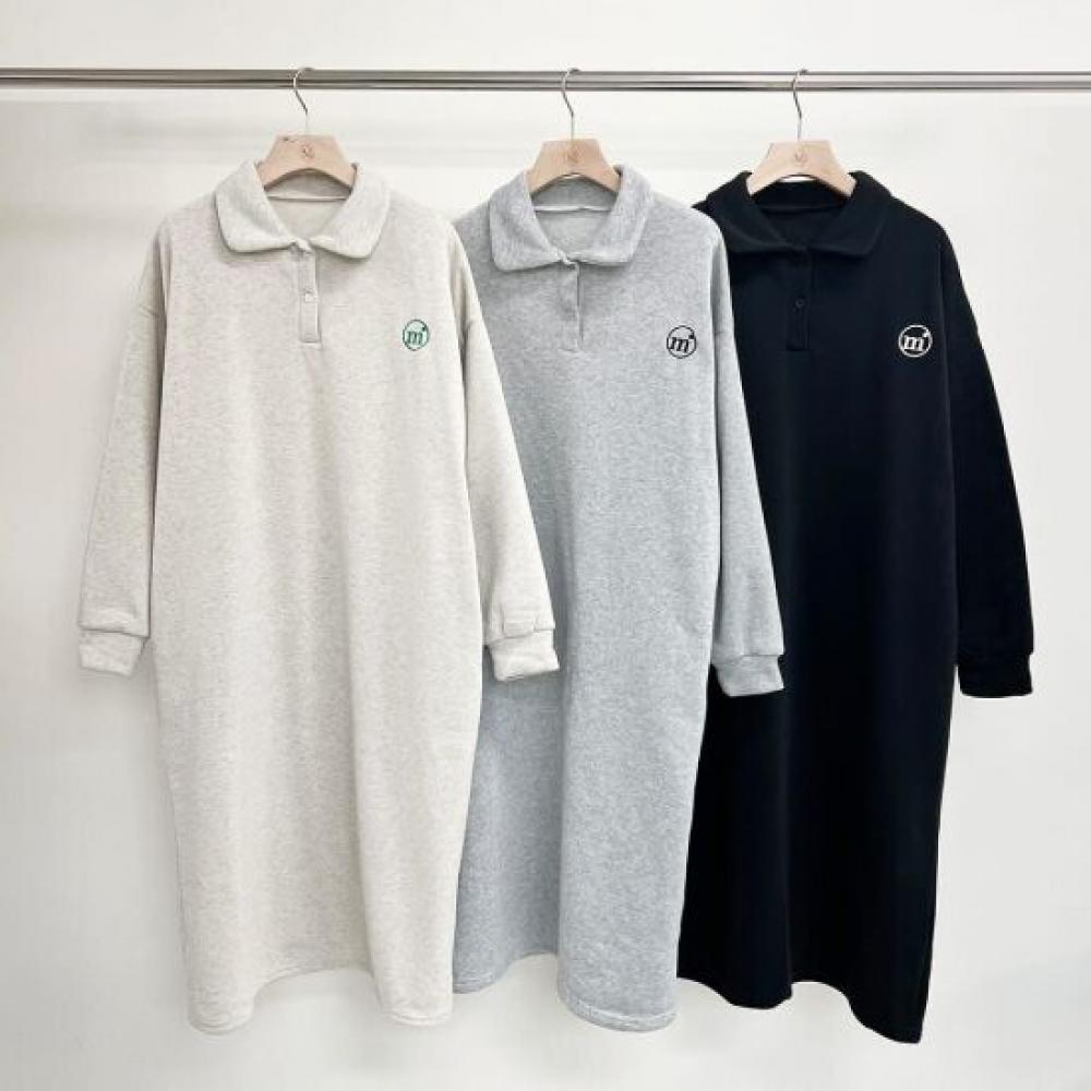 Mizqz M eMbroidery Round Collar Loose Fit Fleece Long Dress