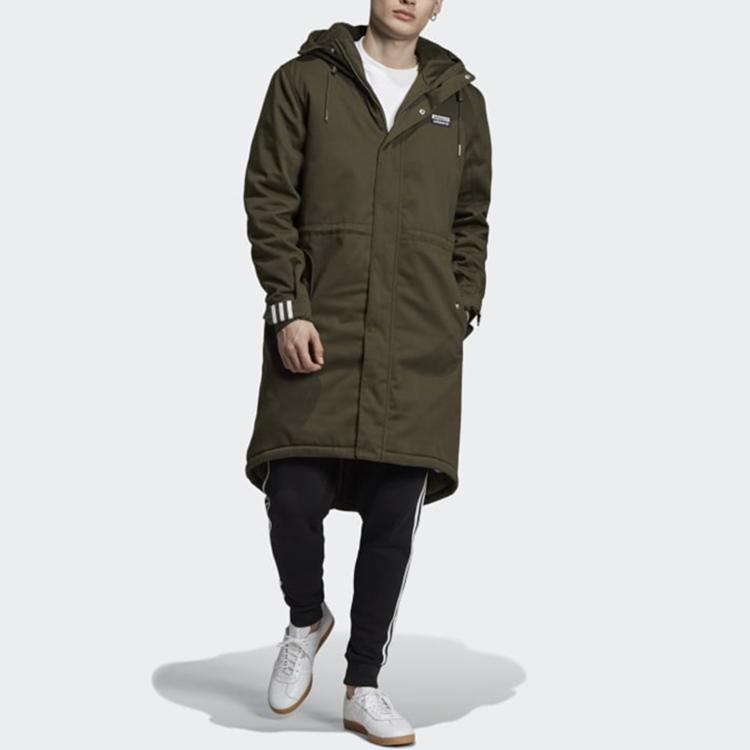 adidas Длинная стеганая парка Originals Trefoil с флисовой подкладкой и хлопковым пальто средней длины с высоким воротником и капюшоном Мужская верхняя одежда зеленого цвета FL0022