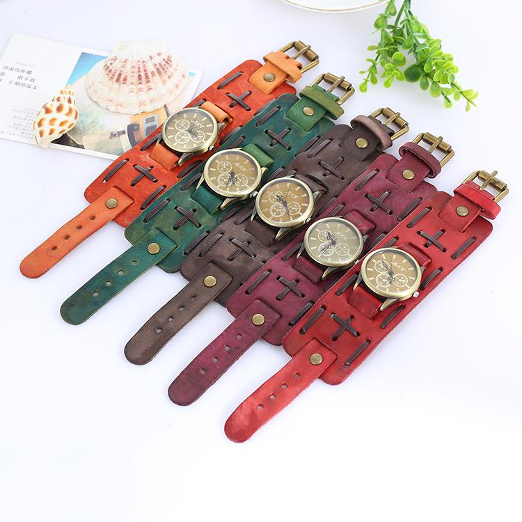 Мужские ретро кварцевые часы с широким ремешком из натуральной кожи