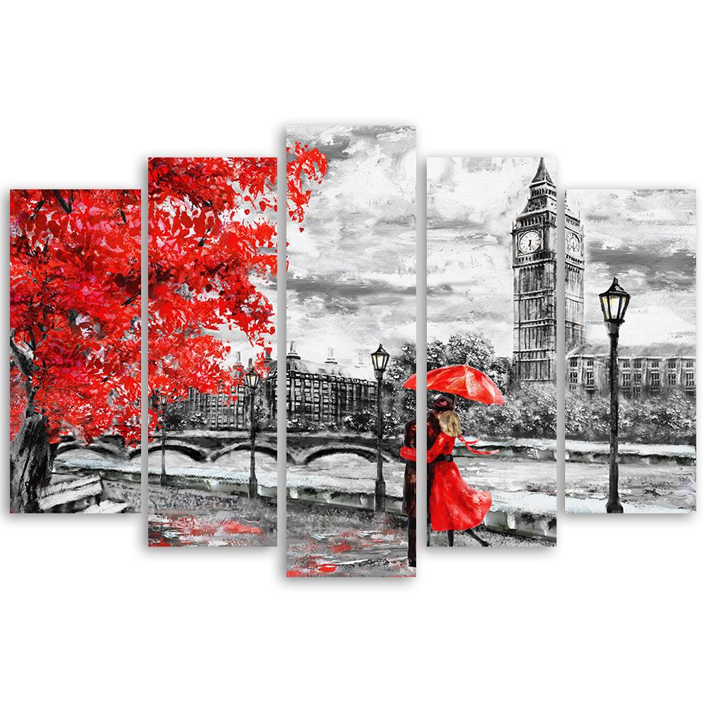 Five Piece Picture Canvas Print London Red Umbrella