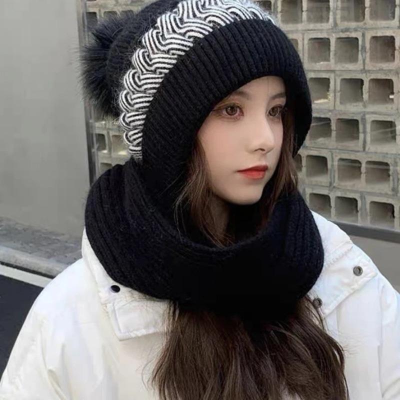 Hat and Scarf Integrated Winter Warm Thickened Knitted Wool Hat Two-piece Set Ear Protector Fleece Cold-proof Scarf