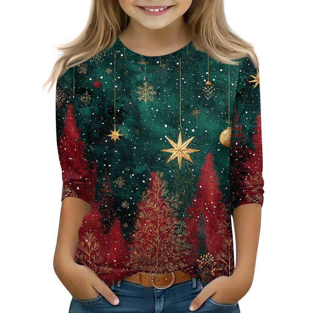Children's 3/4 Sleeve Tops Casual Christmas Print T Shirt Round Neck Pullover Blouse